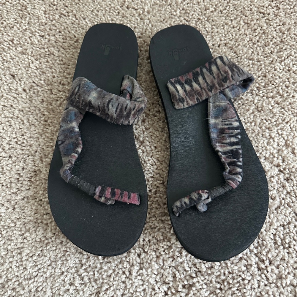 Sanuk Yoga Sling 2 Sandals Women 7 Black Multicolor Abstract Print Comfort